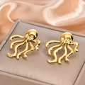 Macro shot of gold octopus stud earrings with polished tentacles on a jewelry box - Personality Octopus Shape Metal Stud Earrings / 925 Silver Needle