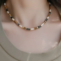 Collier rétro à perles contrastées en pierre naturelle et intercalaires dorés en métal - Style Multicolore Cylindre Pierre Naturelle (61# Collier-Marron-Or)