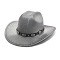 Chapeau de cowboy argenté métallique à rayures noires et ruban en cuir à rivets - M (56-58cm) / Gris Argent
