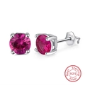 Minimalist S925 sterling silver stud earrings with round rose red gemstone in four-prong setting - Rose Red Gemstone Studs SE84-M / Rose Red