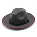 Klassischer dunkelgrauer Wollhut mit breiter Krempe, rotem Rand und Lederband-Dekor - M (56-58cm) / Grau