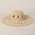 Dettaglio della trama intrecciata a mano e del bordo con frange di un cappello paglia - M(56-58cm) / Beige