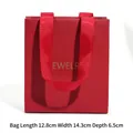 Red jewelry gift bag with gold logo and satin ribbon handles, size 12.8x14.3x6.5cm - Red Gift Bag with Gold Stamping