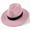 Detail view of pink wool fedora hat with black decorative ribbon on white background - M (56-58cm) / Pink