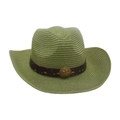 Chapeau de cow-boy vert en paille tressée avec bande en cuir marron et décorations d'étoiles - Taille unique / Vert Militaire