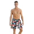Men's swim shorts featuring tropical leaf print on black base with adjustable drawstring - Orange Top with Leaf Print Bottom