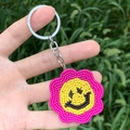 Handmade pink daisy beaded keychain with smile face pendant and silver metal ring - Magenta Smiley Flower