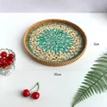 30cm Rattan round tray with turquoise geometric petal inlay and shell stone accents - Peacock Green Leaves / Small 30*3cm