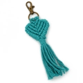 Handmade woven turquoise cotton heart keychain with tassel and bronze lobster clasp - Peacock Blue