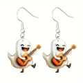 Detail of cute acrylic cartoon ghost earrings playing guitar for Halloween fashion - Ghost Playing Guitar