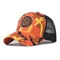 Detail of orange camo baseball cap with leather patch and breathable black mesh back - Adjustable / Orange Camouflage