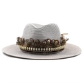 Gray straw jazz boater hat with decorative brown feathers and small golden skull beads - M (56-58cm) / Gray