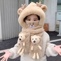 Écharpe à capuche 3-en-1 en peluche kaki avec oreilles d'ours et bois pour l'hiver - Enfant / Ensemble 4 pièces amélioré (Avec ours) / Café Foncé