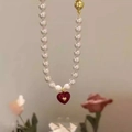 French style pearl necklace with a deep red magnetic heart pendant and gold clasp - #1 Pearl Oil Drop Heart Magnetic Necklace