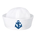 White canvas sailor hat with blue anchor embroidery and rolled brim in marine style - Cuffed Blue Anchor Embroidery