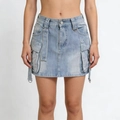Detail of washed blue denim cargo skirt with large utility pockets and waist belt - S / Light Blue