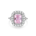 Luxuriöser S925 Sterlingsilber Ring mit rechteckigem rosa Kristall und Halo-Fassung - US 5 / Rosa Strass