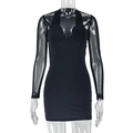Detail of slim fit black mini dress featuring sheer mesh sleeves and halter neck design - S / Black