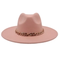 Pink wide brim fedora hat with gold chain link band decoration for women - Adult (57-60cm) / Dusty Pink (Acrylic)