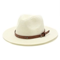 British style fedora straw sun hat with leather band and metal buckle for outdoor travel - M (56-58cm) / Cream