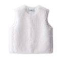 Detail of white faux fur vest showing soft fiber texture and round neckline - XS / White