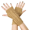 Detailed cable knit pattern on camel fingerless wrist warmers with thumb hole - One Size / Camel