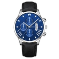 Men's business watch with blue dial, silver case, and black leather strap featuring date display - Blue Dial Silver Hands Silver Case