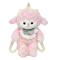 Pink plush lamb backpack with green lace bib and adjustable shoulder strap for kids - 41cm / Pink Curly Hair