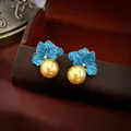 Vintage gold flower earrings with blue enamel petals and a large golden pearl drop - Blue Flower Pearl Enamel (103#)