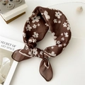 Dark brown cotton linen square scarf with white daisy floral pattern tied in a soft knot - 55cm / Flying Flower Coffee