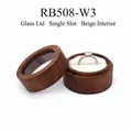 Walnut wood ring box with glass window and beige velvet single slot for wedding ring - Transparent Window Lid-Single Slot-Beige Velvet