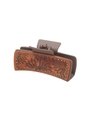 Brown faux leather hair claw clip featuring lotus embossing and decorative metal rivets - Brown Lotus Rivet Embossing (90093)