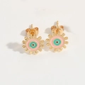 Detailed macro view of golden gear-shaped earrings with pink and green enamel evil eye - Pink Evil Eye