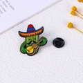 Cute cactus enamel pin playing guitar with sombrero hat and black rubber clutch - Cactus Playing Guitar Style (CZ0271-2)