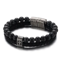 Pulsera retro para hombre de acero inoxidable con cuentas de turquesa y cuero trenzado - Estilo Cruz Plata Negra Vintage (KB136651-KFC)