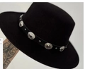 Black felt jazz hat featuring a vintage leather belt with silver bohemian metal buckles - M (56-58cm) / Black Studded Style (01)