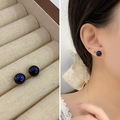Deep blue pearl stud earrings in S925 sterling silver with model wearing comparison - 8-9MM / Black