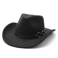 Dettaglio cappello cowboy in feltro nero con cinturino in pelle e anelli in argento - M (56-58cm) / Nero