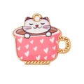 Cute cartoon white cat in pink heart teacup enamel pendant charm with gold plating - Pink-KC Gold