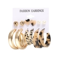 6-piece earring set featuring leopard print circles, pearls, and golden heart studs - Leopard Tortoiseshell Texture Hoop Set (54196)