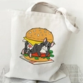 Beige French Bulldog and burger illustration on a canvas tote bag style - Bulldog Burger (R)