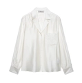 White linen blend long sleeve shirt with satin embroidery and classic lapel detail - Tops
