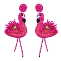 Handmade beaded flamingo dangle earrings with sequins and rhinestones on white background - Rose Red