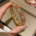 Golden open bangle with cutout floral enamel details and sparkling micro-diamonds - 4# Bracelet-Gold-Red Blue Enamel Flower Style