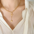 Golden titanium steel necklace with thick chain link and letter M tassel pendant - Gold