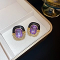 Detail of vintage round enamel earrings with purple square gemstone and micro crystal halo - 14# Purple Gemstone Rectangular Stud Earrings
