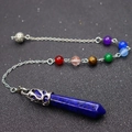 Detailed view of lapis lazuli hexagonal pendulum necklace with seven chakra beads on chain - Lapis Lazuli