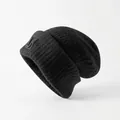 Black knitted oversized beanie featuring letter embroidery and drawstring design - One Size / Letter Label Style / Black