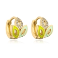 18K gold plated hoop earrings with green enamel leaves and sparkling zircon stones - Green Leaf Style (42160)