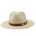 Dettaglio ravvicinato della trama in paglia con cinturino in pelle marrone e fibbia oro - M (56-58cm) / Beige (Cinturino in Pelle Caffè)